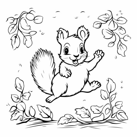 Squirrel in the garden. Black and white vector illustration for