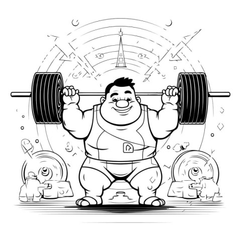 Fat man lifting a barbell in the gym. Vector illustration.