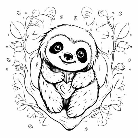 Cute cartoon sloth in the forest. Black and white vector illustr