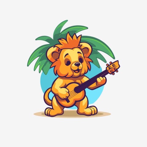 Lion playing guitar and singing in palm tree. Vector illustratio