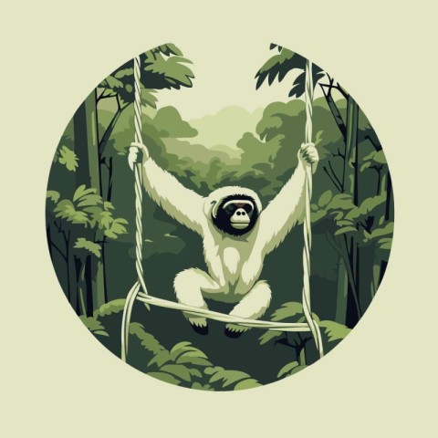 Gibbon on a rope swing in the jungle. Vector illustration.