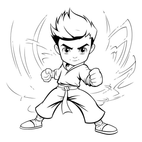 Kung fu boy cartoon vector illustration. Black and white version