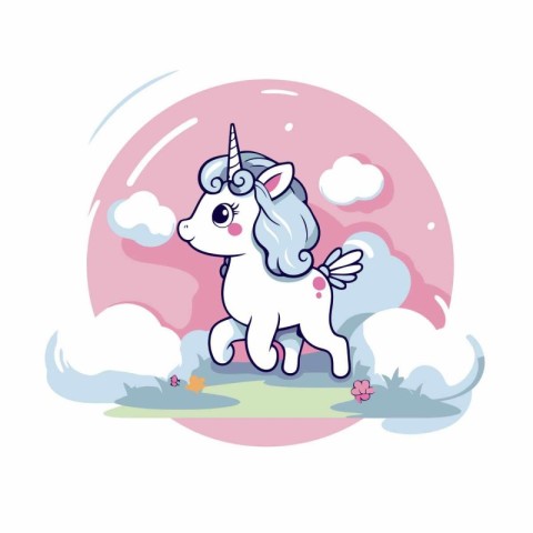 Unicorn in the clouds. Cute cartoon vector illustration.