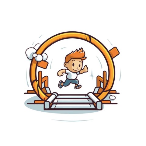 Boy running on a treadmill. Vector illustration of a cartoon cha