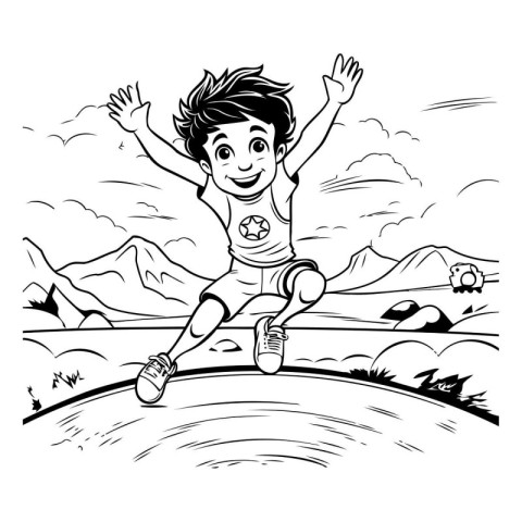 Boy running on the road. Black and white vector illustration for