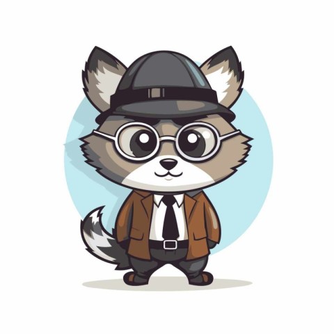 Cute cartoon fox wearing a hat and glasses. Vector illustration.