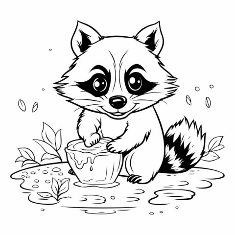 Cute raccoon with a bucket of water. Vector illustration.