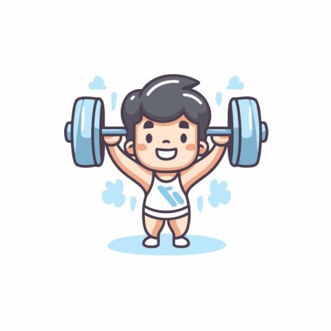 Little boy lifting dumbbells. Vector illustration in cartoon sty