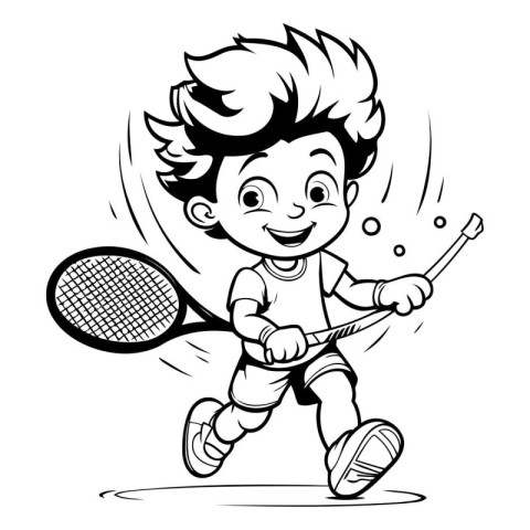 Boy playing badminton - Black and White Cartoon Illustration. Ve