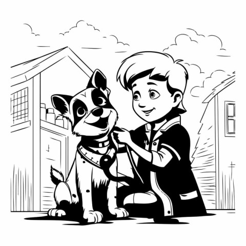 Vector illustration of a boy with a dog in the city. Cartoon sty