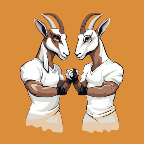 Vector image of a goat in a white T-shirt on an orange backgroun