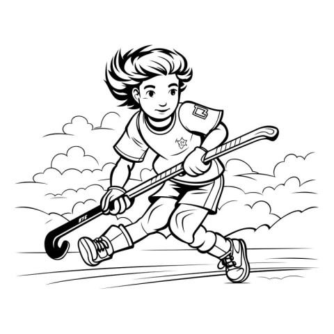 Little boy playing hockey. Black and white vector illustration o