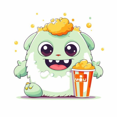 Cute cartoon monster with popcorn. Vector illustration isolated