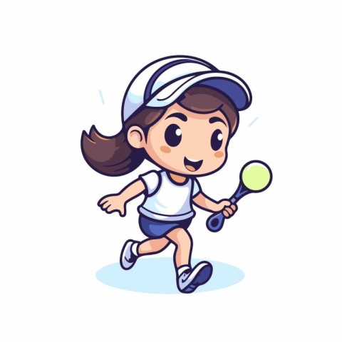 Cute little girl playing tennis cartoon vector Illustration on a