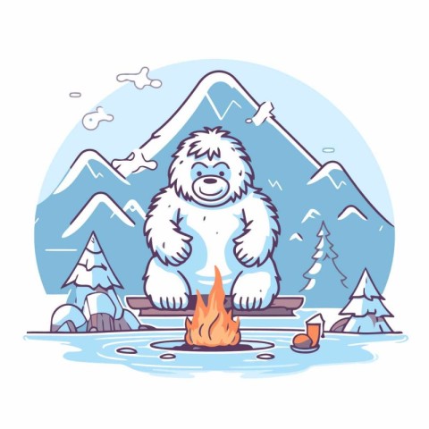 Vector illustration of a polar bear with a fire on the backgroun