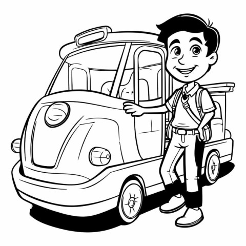 Black and White Cartoon Illustration of a Kid Boy Carrying a Car