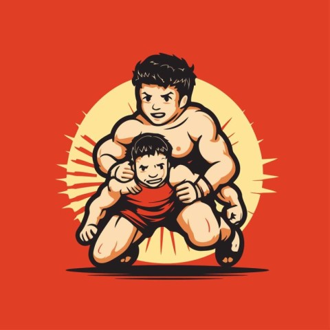 Vector illustration of a strong man with his son in a wrestling