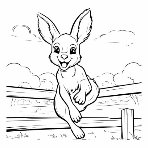 rabbit jumping over fence - black and white vector illustration