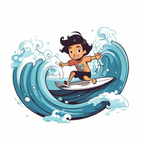 Cartoon vector illustration of a surfer on a big wave.