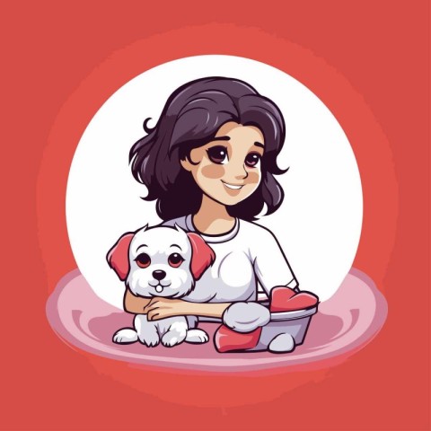 Girl with a dog. Vector illustration on a red background. Cartoo