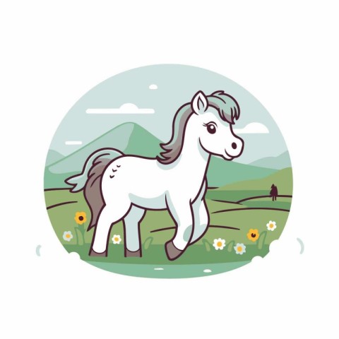 Horse on the meadow. Cute cartoon vector illustration.