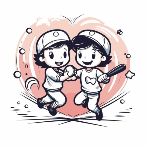 Baseball players boy and girl with bat and ball vector illustrat