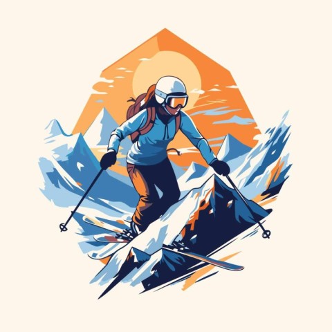 Skiing woman in mountains. Vector illustration in retro style.