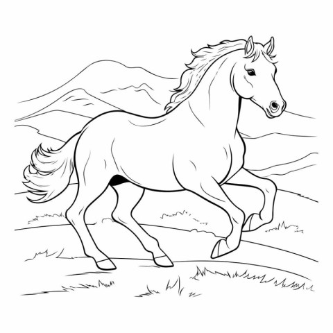 Horse running in the field. Coloring book for children.