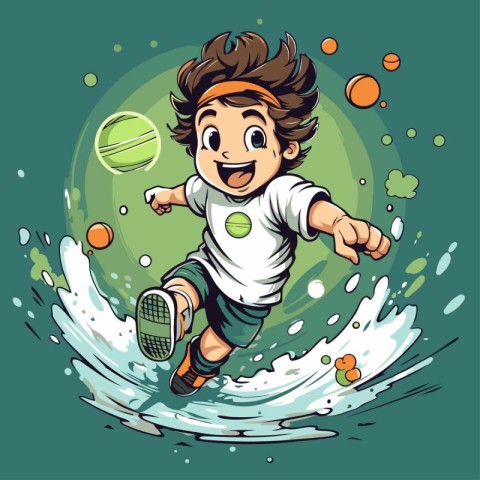 Vector illustration of a boy playing tennis on a green backgroun