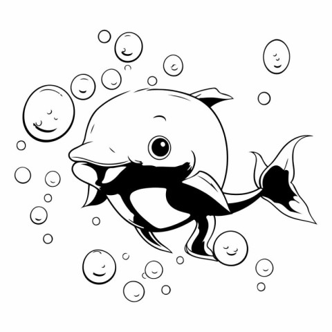 Black and white illustration of a cute cartoon killer whale swim