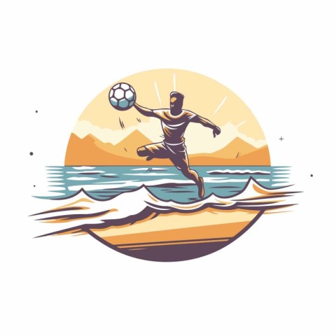 Soccer player on the beach. Vector illustration in retro style.