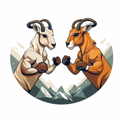 Vector illustration of two mountain goats. Wild animals in the m