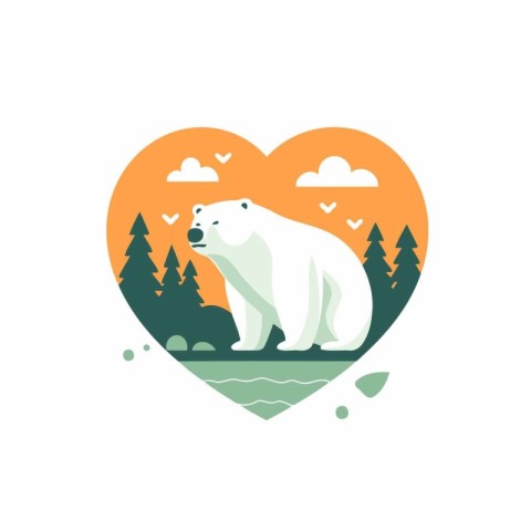 Polar bear in the form of heart. Vector illustration in flat sty