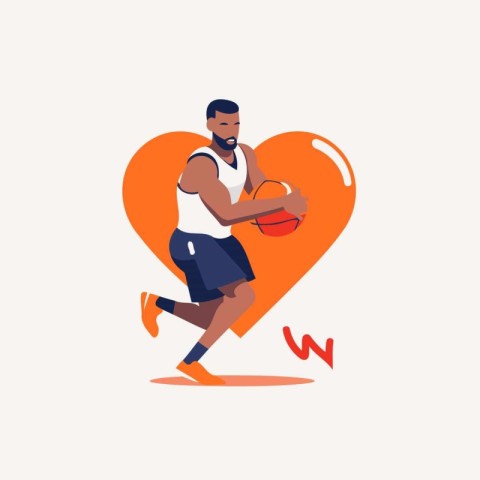 Basketball player with ball in heart. Vector illustration in fla