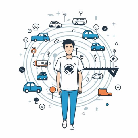 Vector illustration of a man with a t-shirt in his hands.