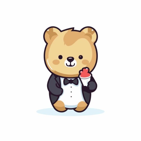 Cute teddy bear with ice cream in hand. Vector illustration.