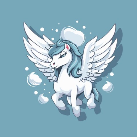 Vector illustration of a white unicorn with wings on a blue back