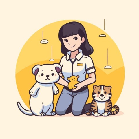 Veterinarian with cat and dog. Vector illustration in cartoon st