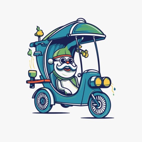 Vector illustration of a funny cartoon green tuk tuk taxi driver