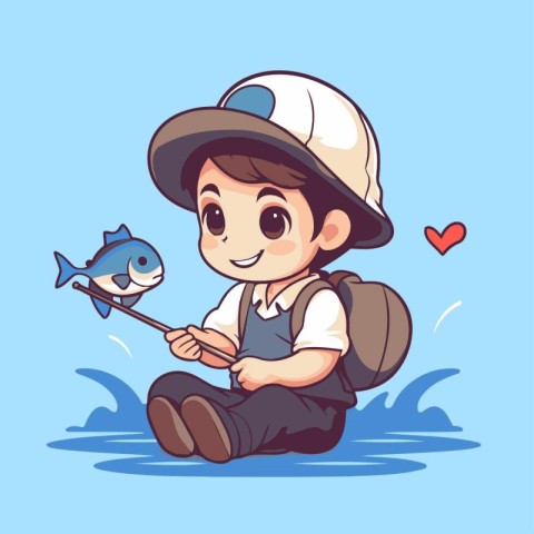 Cute little boy fishing with a big fish. Vector illustration.