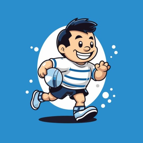 Cartoon rugby player with ball. Vector illustration. Isolated on