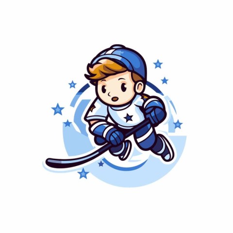 Cute little boy playing hockey. Vector illustration in cartoon s