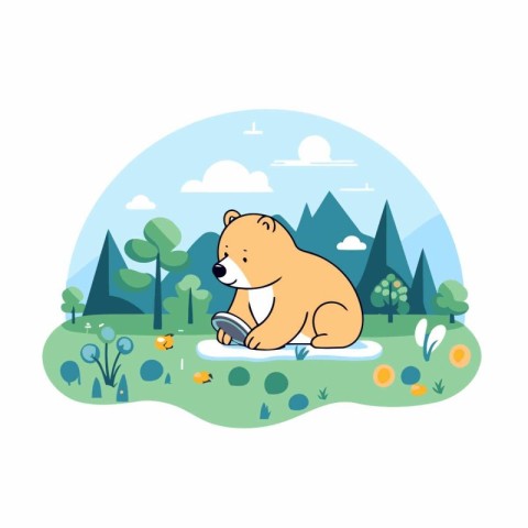 Cute cartoon bear in the park. Vector illustration in flat style