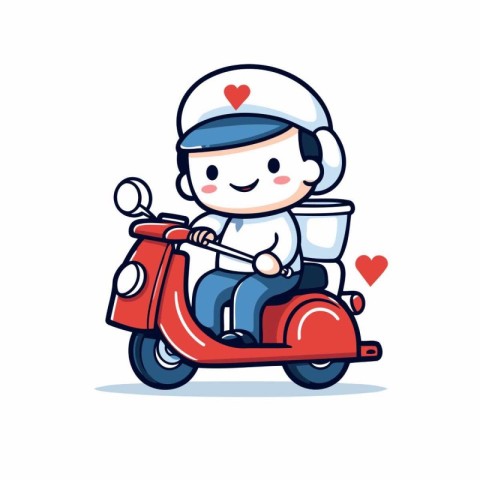 Cute boy riding a scooter with love. Vector illustration.