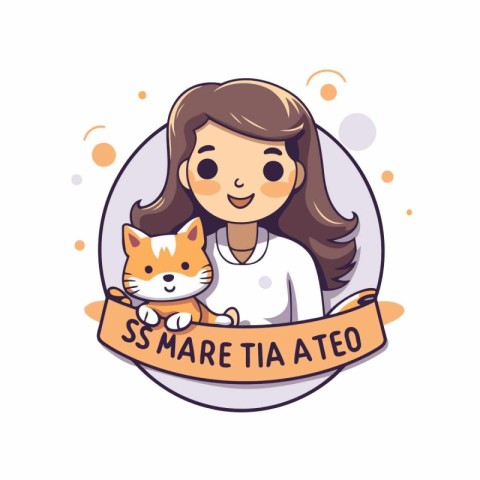 Vector illustration of a girl with a cat. Lettering stay at home