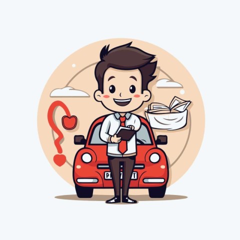 Businessman with car and question mark - Vector Cartoon Characte