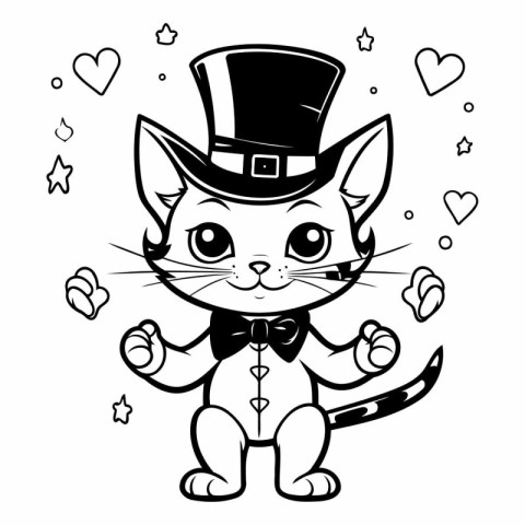 Black and White Cartoon Illustration of Cute Cat with Leprechaun