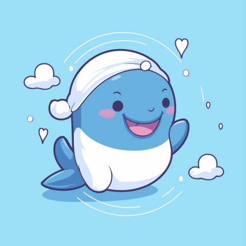 Cute cartoon whale with a cap on his head. Vector illustration.