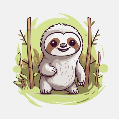 Cute cartoon sloth sitting on the grass. Vector illustration.