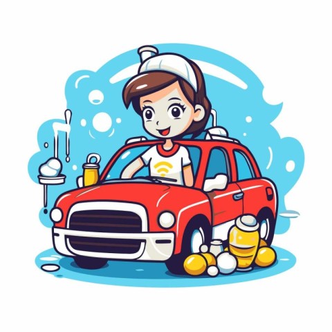 Cute little girl washing car. Vector illustration in cartoon sty